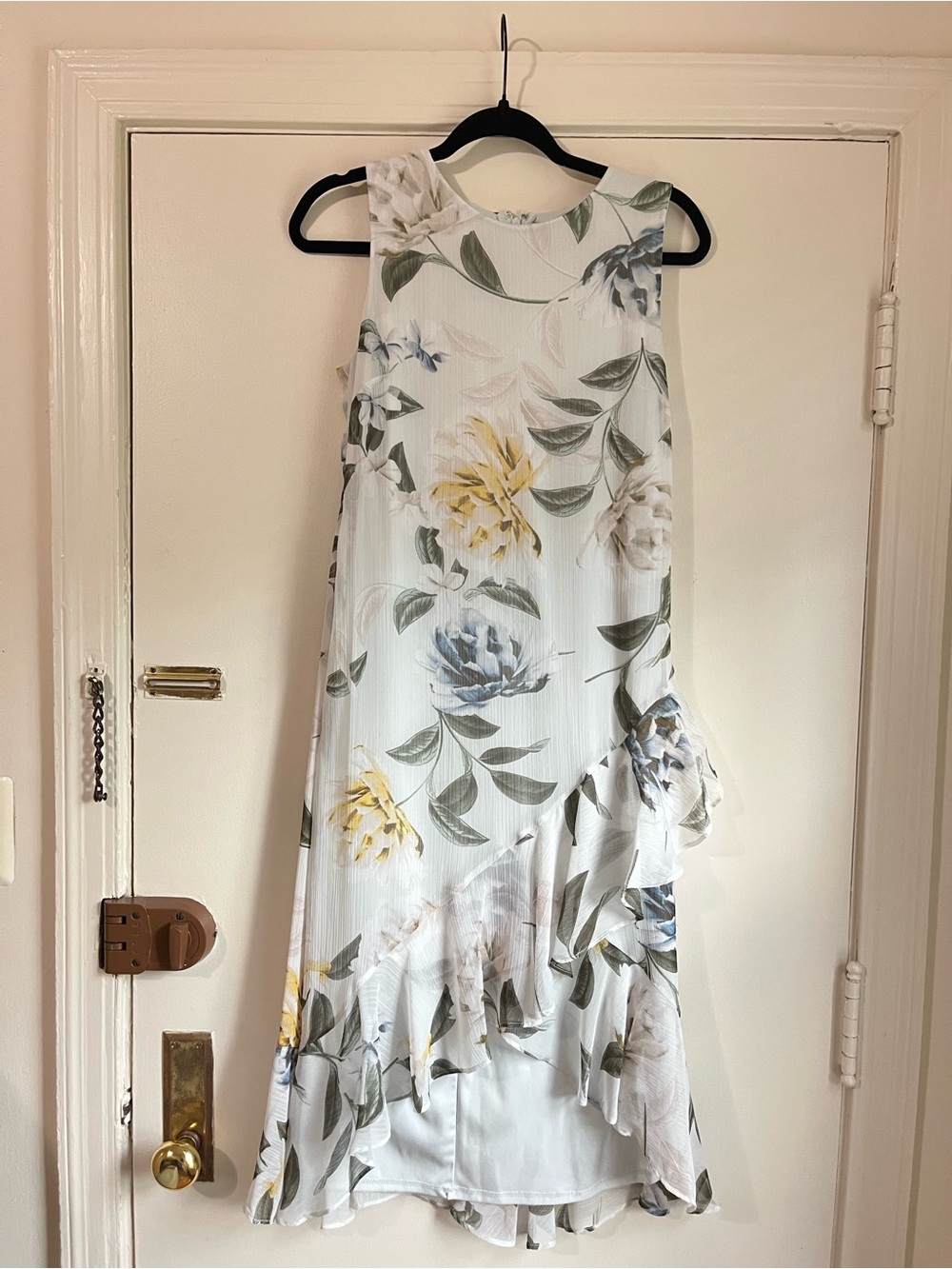 Calvin Klein White Floral Sleeveless Ruffle-Hem Dress